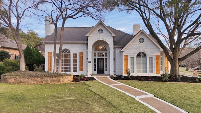 view of front of property with brick siding, a chimney, a front lawn, and roof with shingles