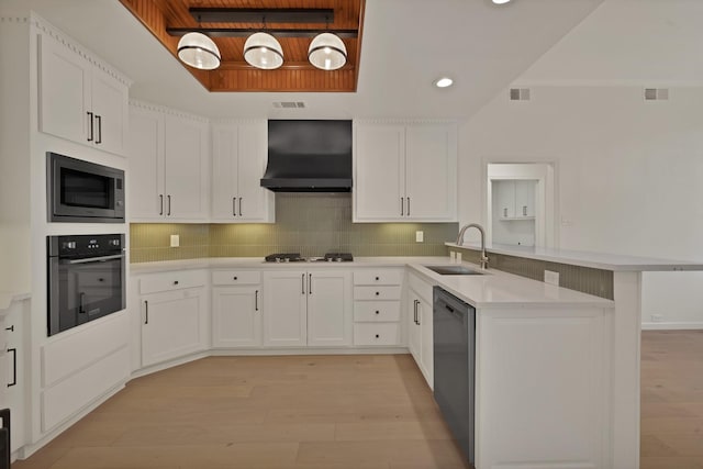 kitchen with visible vents, a peninsula, range hood, stainless steel appliances, and a sink