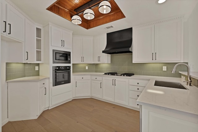 kitchen with oven, a sink, range hood, built in microwave, and a tray ceiling