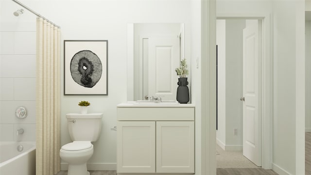 full bathroom featuring shower / tub combo, vanity, toilet, and baseboards