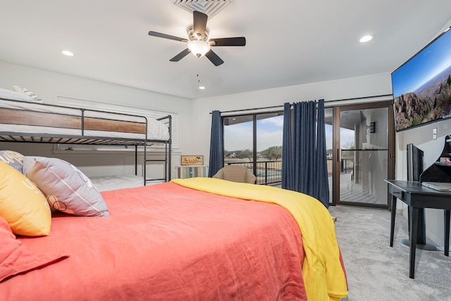 bedroom with access to exterior, carpet, a ceiling fan, and recessed lighting