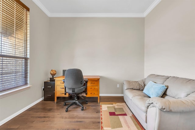 office with crown molding, baseboards, and wood finished floors