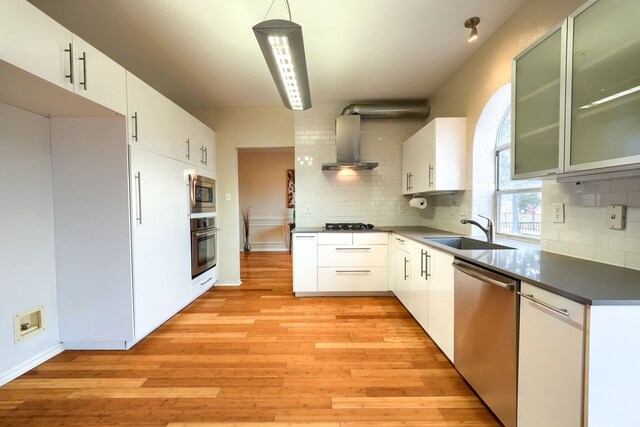 kitchen featuring decorative backsplash, light wood-style flooring, stainless steel appliances, wall chimney range hood, and a sink