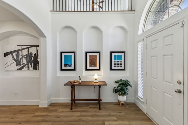 entrance foyer with a towering ceiling, baseboards, and wood finished floors