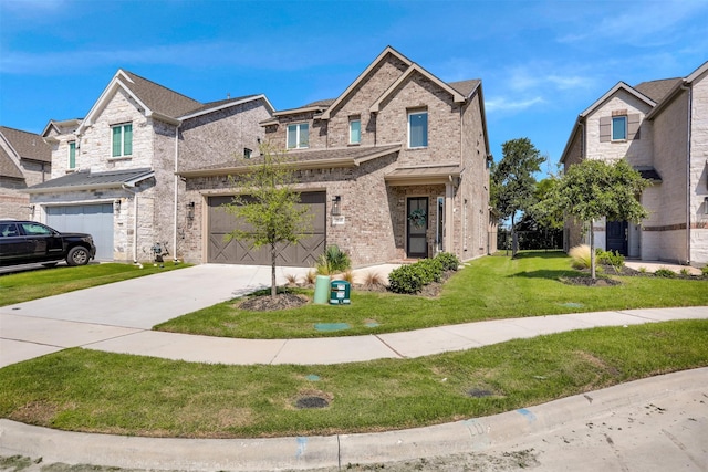 view of front facade with a front yard, concrete driveway, brick siding, and an attached garage