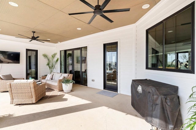 view of patio / terrace featuring ceiling fan and an outdoor hangout area