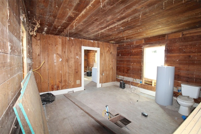 empty room featuring wood ceiling, wooden walls, and washer / clothes dryer