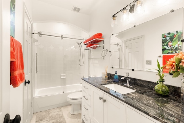 full bath with toilet, bathing tub / shower combination, vanity, visible vents, and tile patterned floors