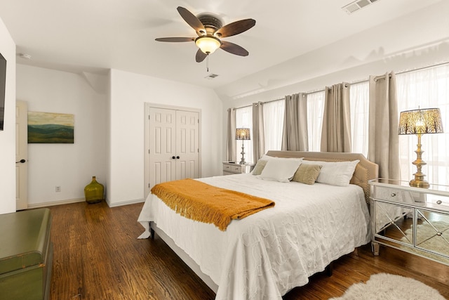 bedroom featuring multiple windows, visible vents, and dark wood-type flooring