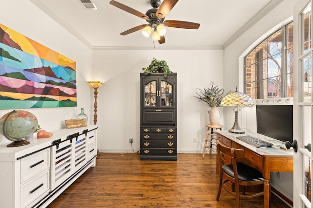 home office with dark wood-type flooring, visible vents, crown molding, and baseboards