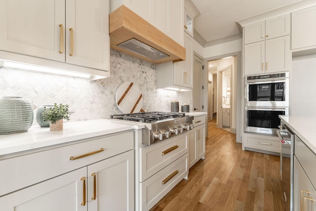 kitchen featuring stainless steel appliances, premium range hood, light wood-style floors, white cabinets, and tasteful backsplash