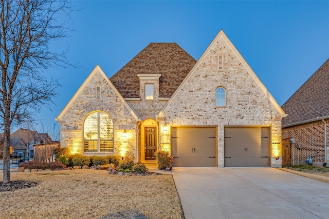 view of front of house with a garage, brick siding, driveway, and roof with shingles