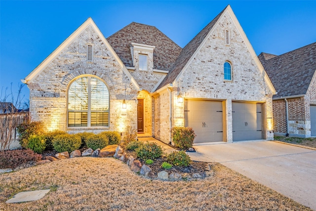 french country style house with driveway, brick siding, and roof with shingles