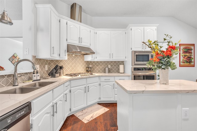 kitchen with under cabinet range hood, white cabinetry, stainless steel appliances, and a sink