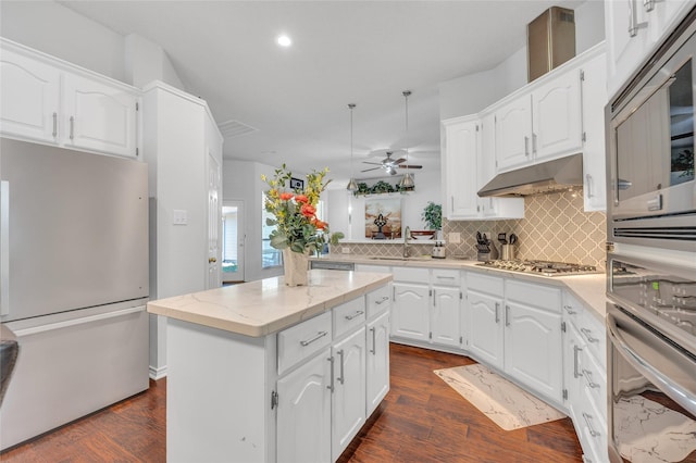 kitchen with ceiling fan, under cabinet range hood, stainless steel appliances, dark wood-style flooring, and decorative backsplash