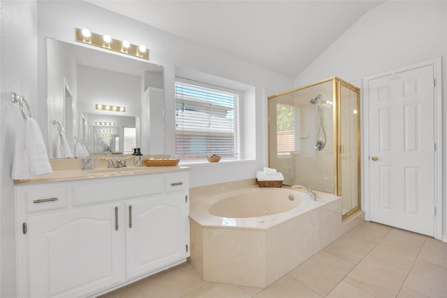 full bathroom with lofted ceiling, a garden tub, a shower stall, and tile patterned floors