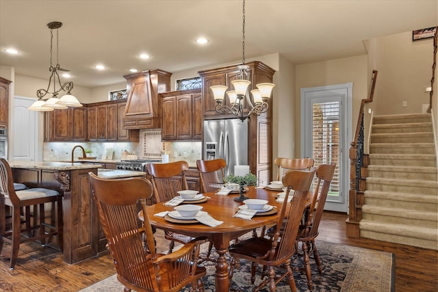 dining space with stairway, dark wood finished floors, and recessed lighting