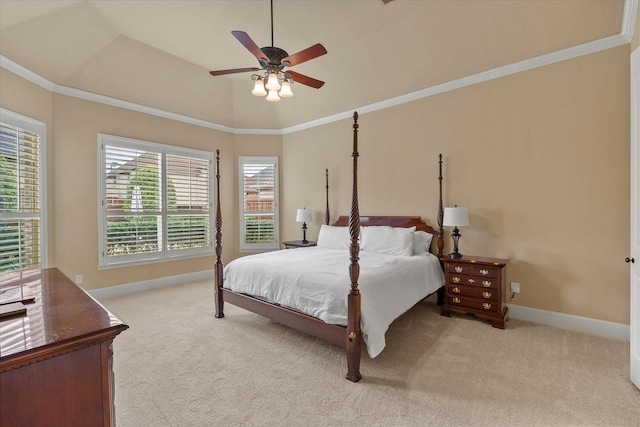 carpeted bedroom with crown molding, a ceiling fan, baseboards, and vaulted ceiling