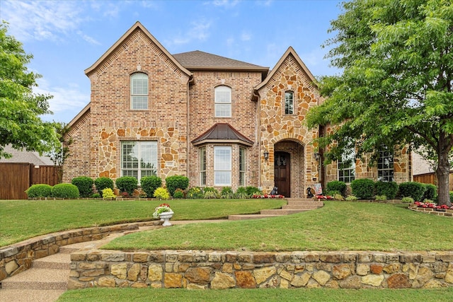 view of front of home with brick siding, fence, stone siding, and a front lawn