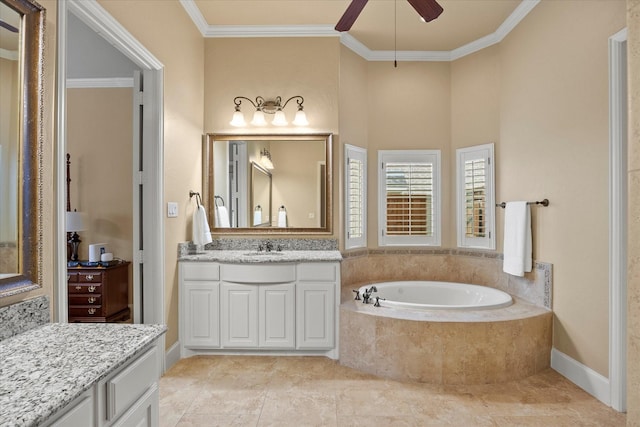 full bathroom with baseboards, a ceiling fan, ornamental molding, vanity, and a bath