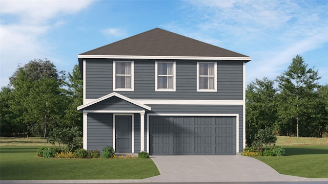 traditional-style house with an attached garage, driveway, and a front yard