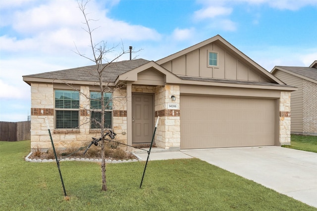 view of front of home featuring a garage, concrete driveway, stone siding, board and batten siding, and a front yard