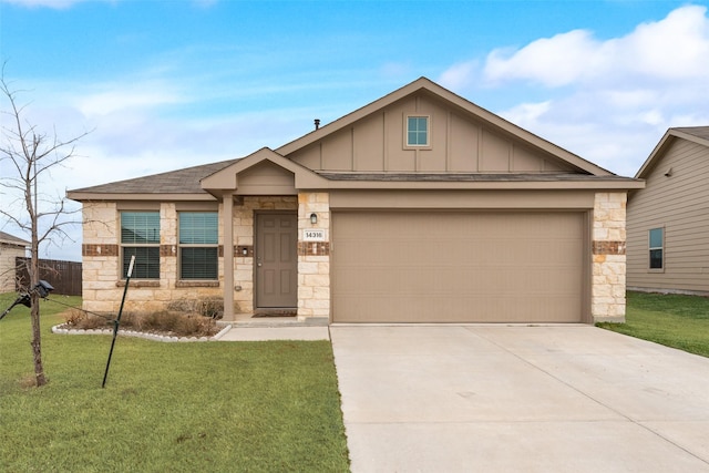 single story home featuring concrete driveway, an attached garage, board and batten siding, a front yard, and stone siding