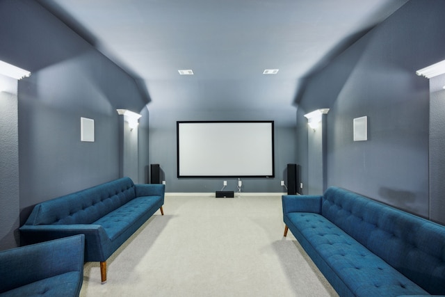 home theater with decorative columns, baseboards, and carpet flooring