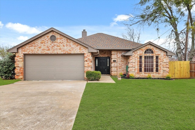 ranch-style house featuring brick siding, driveway, roof with shingles, a chimney, and a front yard