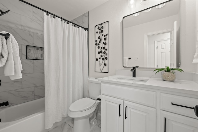 full bath featuring marble finish floor, shower / tub combo, vanity, and toilet