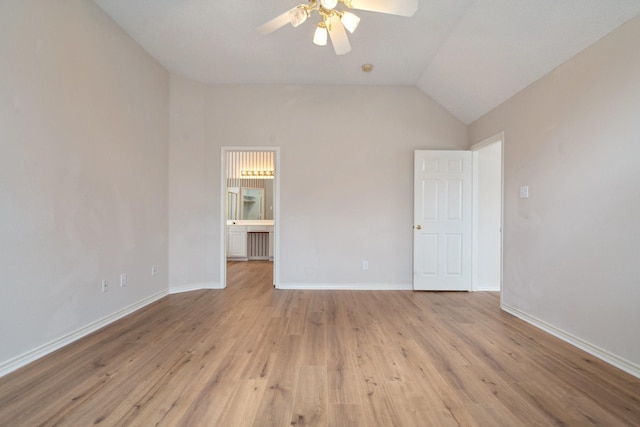 unfurnished bedroom with lofted ceiling, light wood-style flooring, baseboards, and a ceiling fan