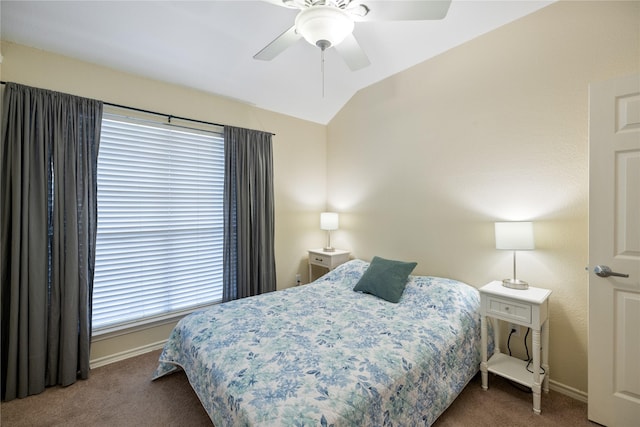 bedroom featuring lofted ceiling, carpet, a ceiling fan, and baseboards