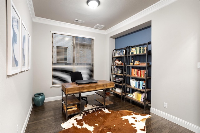 home office featuring baseboards, visible vents, wood finished floors, and ornamental molding