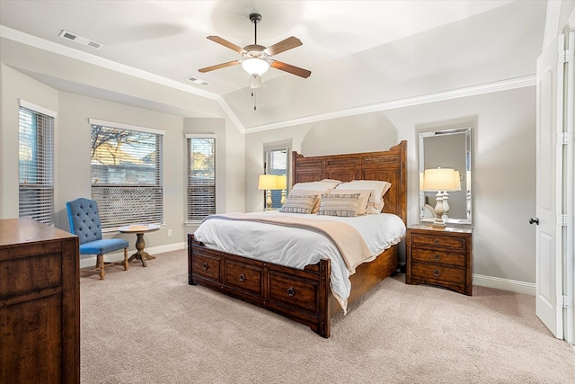 bedroom with baseboards, visible vents, light colored carpet, lofted ceiling, and ceiling fan