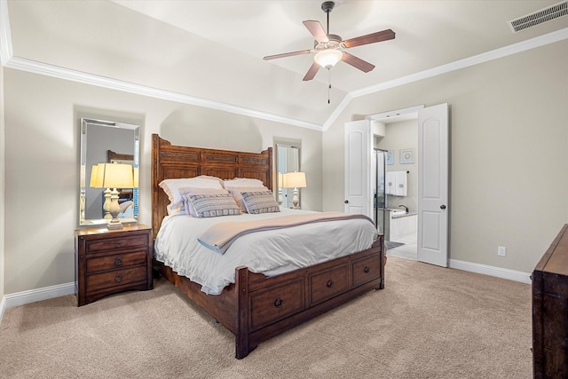 bedroom featuring light carpet, visible vents, baseboards, vaulted ceiling, and crown molding