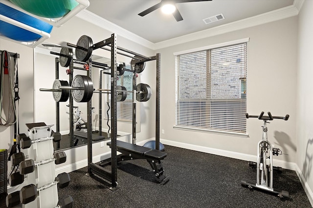 exercise area with ornamental molding, visible vents, ceiling fan, and baseboards