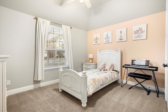 bedroom featuring a ceiling fan, light carpet, vaulted ceiling, and baseboards