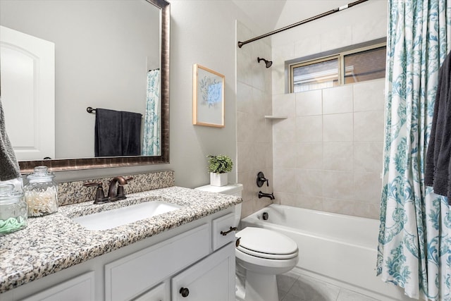 bathroom featuring toilet, tile patterned flooring, vanity, and shower / tub combo with curtain