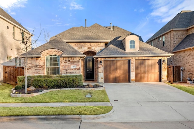 french country style house featuring brick siding, concrete driveway, an attached garage, a front yard, and fence