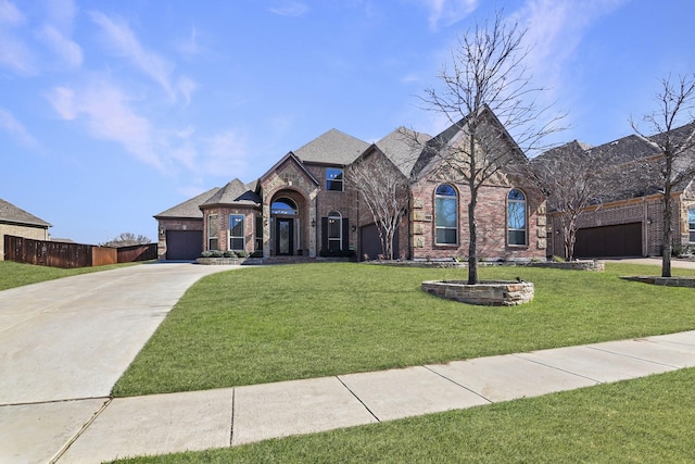 french country home with a front yard, a garage, and brick siding