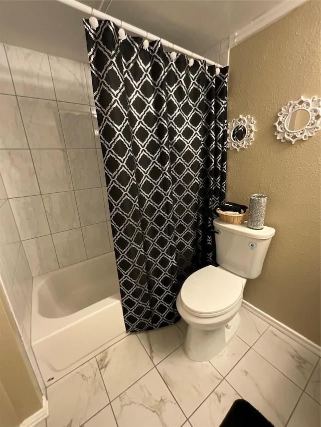 full bath with a textured wall, toilet, baseboards, marble finish floor, and shower / bath combination with curtain