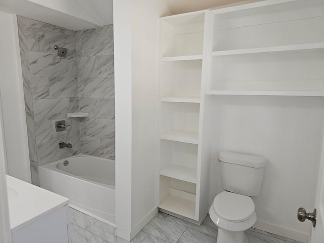 bathroom with shower / bathtub combination, marble finish floor, toilet, and baseboards