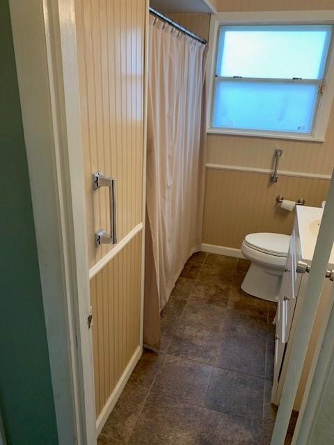 full bath featuring toilet, vanity, and a shower with curtain