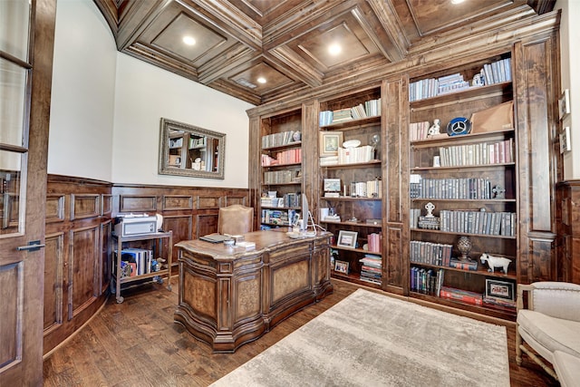 140 Manor Dr, Heath, TX 75032 - office with coffered ceiling, beam ceiling, ornamental molding, built in features, and wainscoting