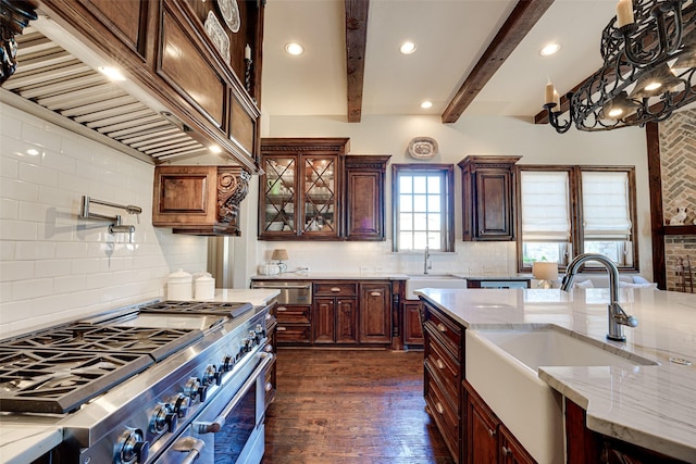 140 Manor Dr, Heath, TX 75032 - kitchen with double oven range, a sink, decorative backsplash, beamed ceiling, and light stone counters