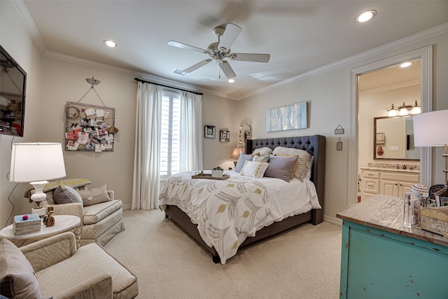 140 Manor Dr, Heath, TX 75032 - bedroom featuring light colored carpet, crown molding, recessed lighting, baseboards, and ensuite bathroom