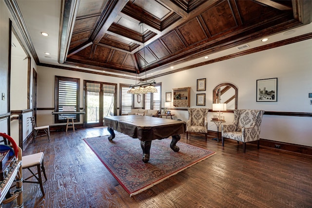 140 Manor Dr, Heath, TX 75032 - rec room featuring coffered ceiling, healthy amount of natural light, wood ceiling, crown molding, and billiards