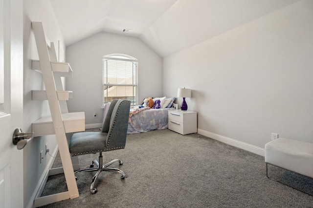 home office with baseboards, visible vents, vaulted ceiling, and carpet flooring