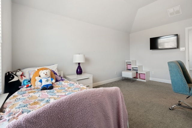 bedroom featuring carpet, visible vents, vaulted ceiling, and baseboards