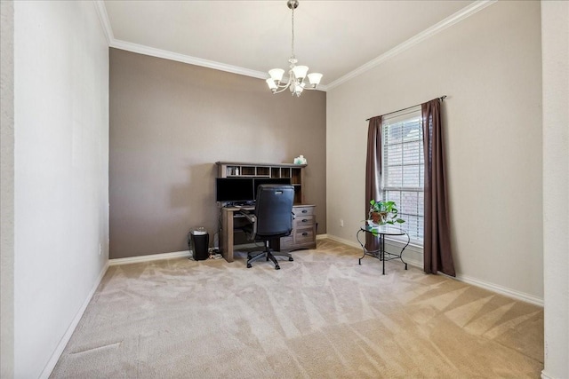 carpeted office space featuring a chandelier, baseboards, and ornamental molding